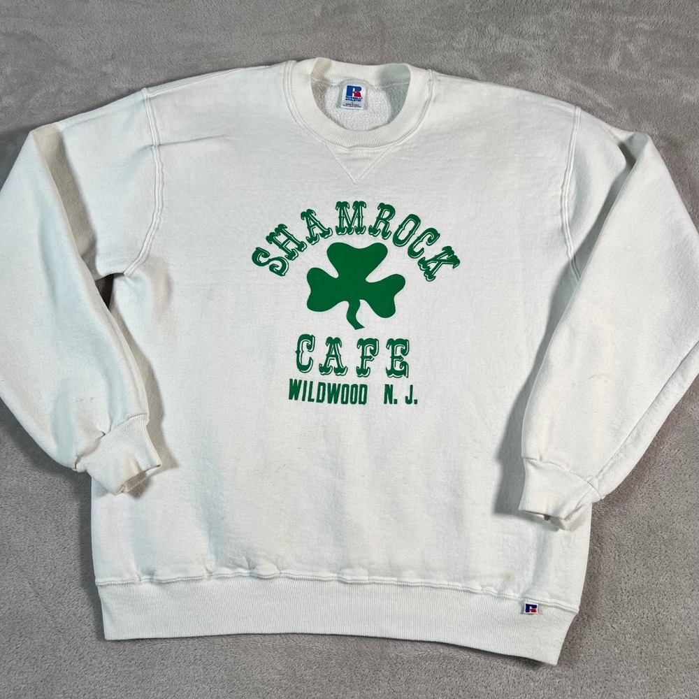 Vintage Russell Athletic Shamrock Cafe Wildwood NJ Sweatshirt White Unisex Large